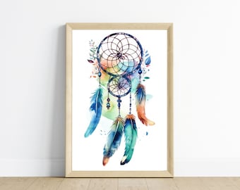 Watercolor Dreamcatcher Wall Art | Boho Feather Printable | Colorful Spiritual Bedroom Decor | Bohemian Nursery Art | Digital Download