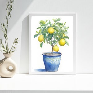 Watercolor Lemon Tree Printable Wall Art | Citrus Kitchen Decor | Yellow Lemons in Blue Pot | Dining Room Illustration | Digital Download