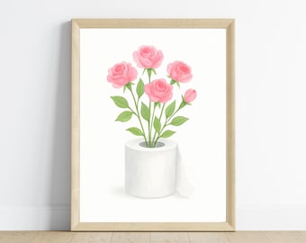 Funny Bathroom Wall Art | Pink Roses in Toilet Paper Roll | Whimsical Floral Watercolor Printable | Digital Download