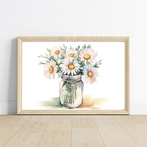 Watercolor Daisy Wall Art | Mason Jar Flower Print | Rustic Wildflower Farmhouse Decor | Botanical Kitchen Art | Digital Download