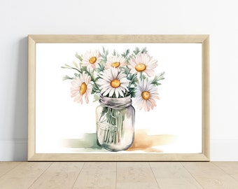 Watercolor Daisy Wall Art | Mason Jar Flower Print | Rustic Wildflower Farmhouse Decor | Botanical Kitchen Art | Digital Download