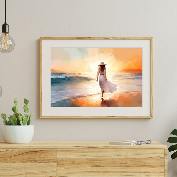 Woman Walking on Beach, Beautiful Sunset, Beach Walk, Watercolor Wall Art, Nature, Ocean, Woman in White Dress Wearing Hat