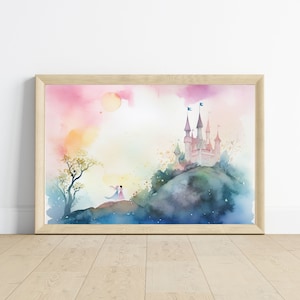 Stampa di un castello ad acquerello ispirato a Frozen / Arte murale digitale di due sorelle / Decorazione pastello per la cameretta delle bambine / Regno delle fiabe stampabile