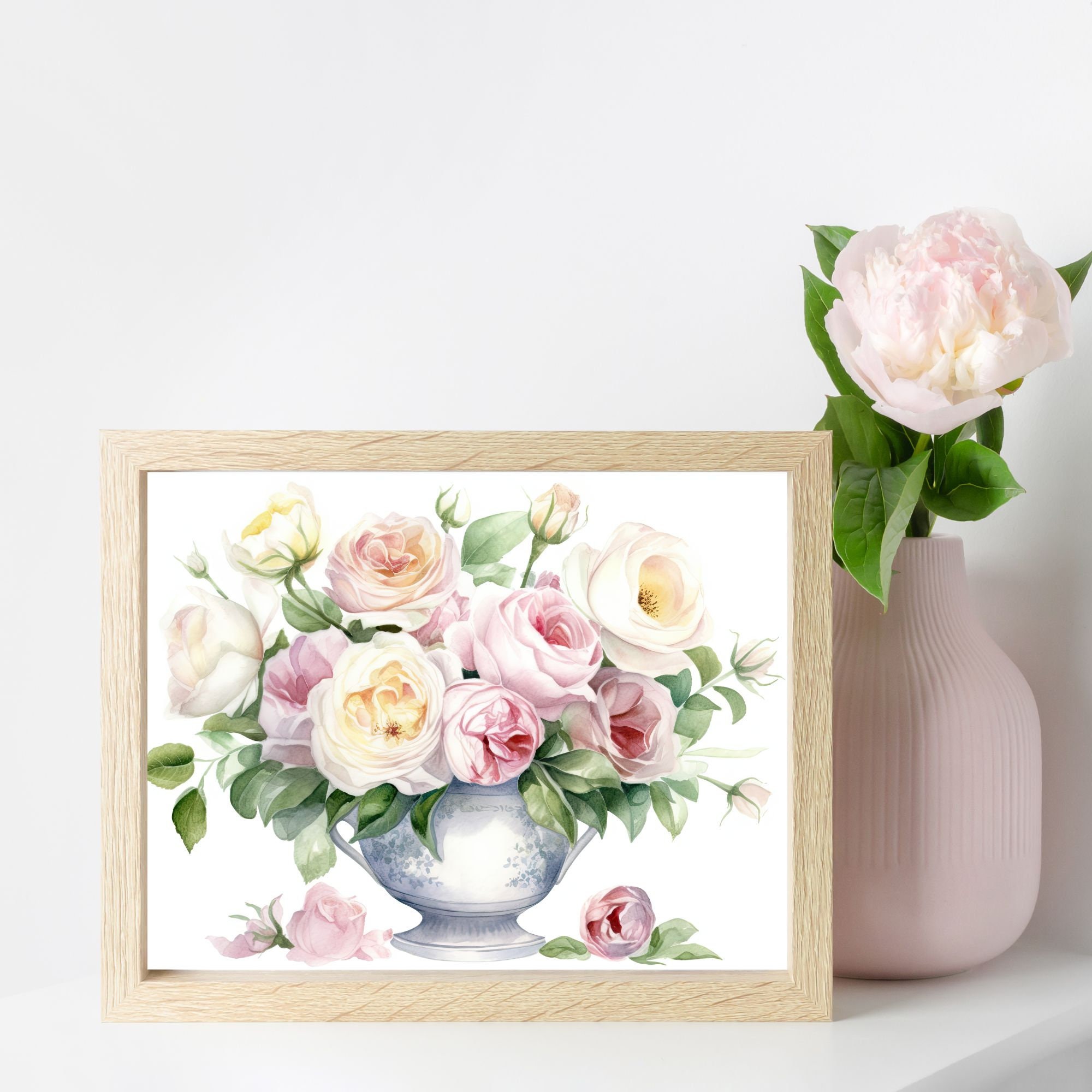 Watercolor Rose Bouquet | Vintage Vase Floral Print | Pink and White ...