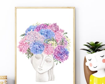 Hydrangea Face Vase, Head Vase, Watercolor, Botanical Print, Flower Crown Art, Bouquet, Boho Printable, Modern Wall Art, Printable Download