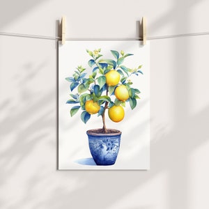 Watercolor Lemon Tree in Blue Pot Printable | Citrus Kitchen Wall Art | Yellow Fruit Dining Room Decor | Digital Download