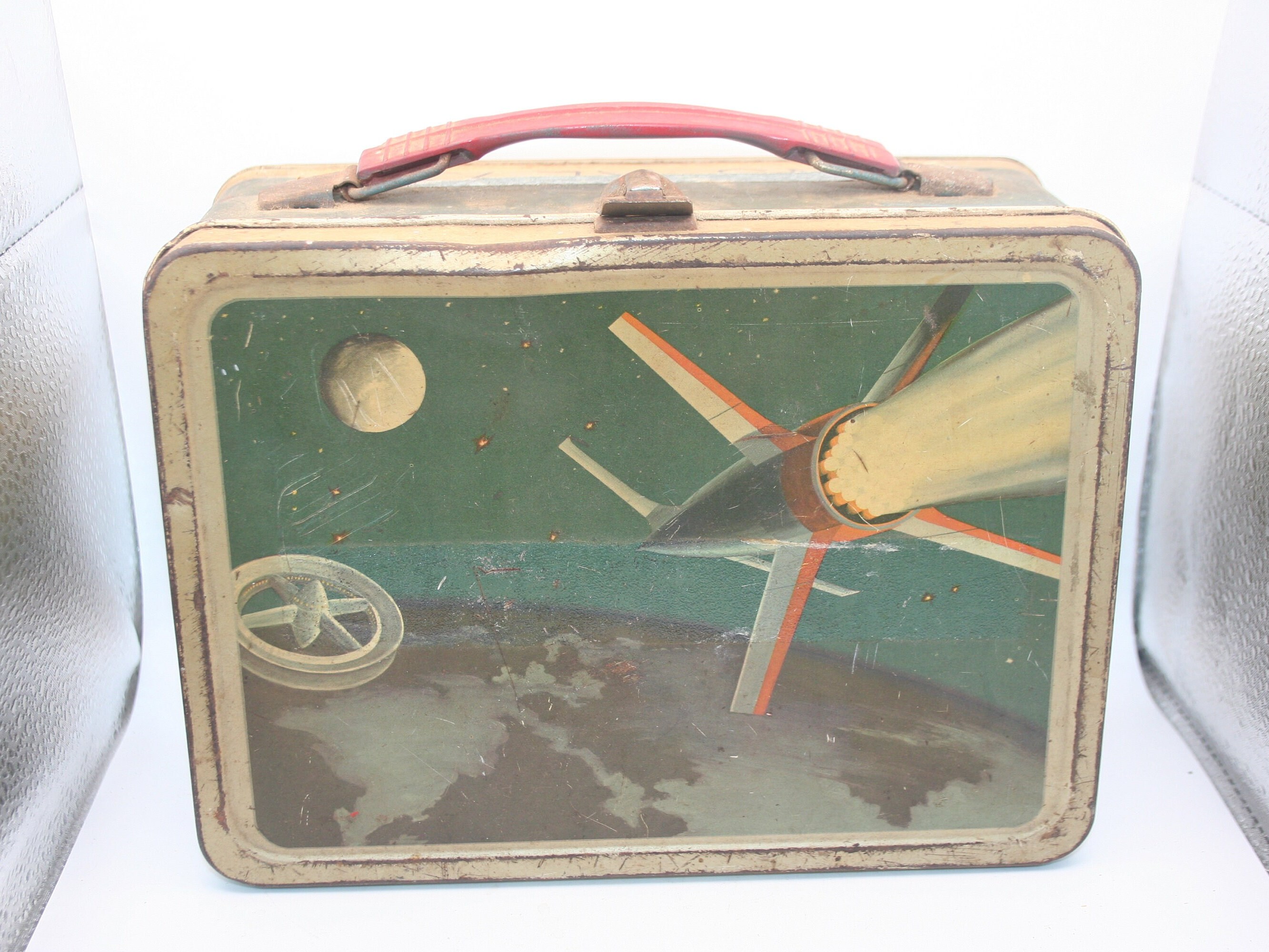 1958 OUTER SPACE Thermos LUNCH BOX Rocket,Moon,Satellite,Station