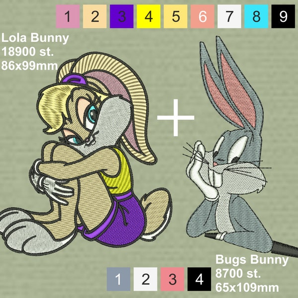 Lola Bunny + Bugs Bunny machine embroidery designs /  2 separated Tajima DST format files / Professional digitizing