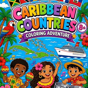 May include: A vibrant children's colouring book titled "Caribbean Countries Coloring Adventure" with flags, illustrations of people, a parrot, a cruise ship, and tropical flowers. The cover features the text "8+".