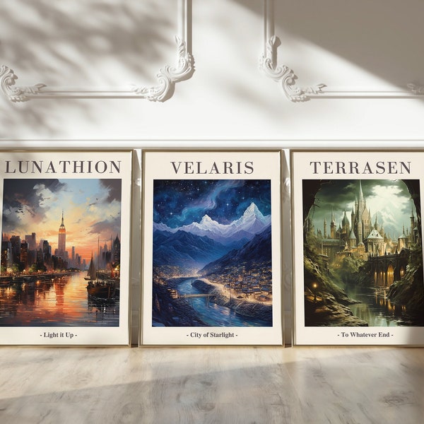 Sarah J Maas Set mit 3 Drucken; ACOTAR Velaris City of Starlight, Crescent City, Throne of Glass Instant Digital Download, Kunstdruck, BookLover