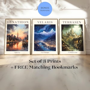 Póster del universo de Sarah J. Maas: Velaris, Ciudad de la Luz Estelar, Terrasen, Lunathion (Descarga digital)