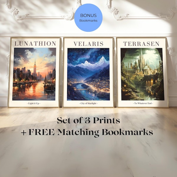 Póster del universo de Sarah J. Maas: Velaris, Ciudad de la Luz Estelar, Terrasen, Lunathion (Descarga digital)