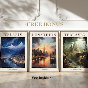 Póster de Sarah J Maas Universe Velaris Terrasen Lunathion, ACOTAR Crescent City Throne of Glass, arte mural, decoración SJM, BookLover + regalo adicional