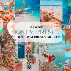 May include: A collage of images featuring a tropical beach scene, a woman in a white bikini, a woman in a colorful patterned pantsuit, a woman sitting on a rock, and a woman in a pink bikini. The text "LA Sociall HONEY PRESET LIGHTROOM PRESET MOBILE" is in the center of the collage.