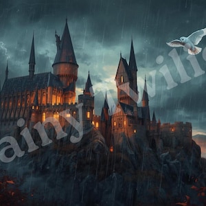 May include: Digital art of a castle under a stormy sky with rain and lightning. A white owl flies in the sky. The text "A Rainy Twilight" is overlaid on the image. The castle has many towers and lit windows.