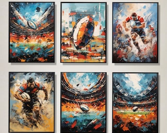 Set of 6 Rugby Prints, Abstract Rugby Wall Art, Rugby Posters, Boys Bedroom Decor, Rugby Gifts, Rugby Room Decor, A4 Digital Prints Artwork