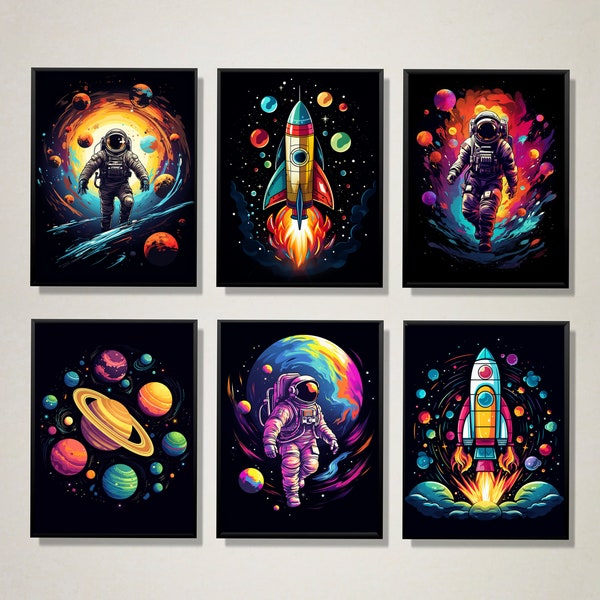 space art for kids, print series of 6, space themed decor, printable digital download, space nursery decor, poster wall art, boys bedroom