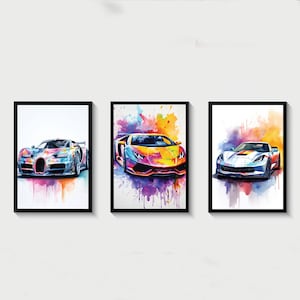 スポーツカープリント3枚セット、デジタルダウンロード、スポーツカーアート、車愛好家のための即席壁装飾、男の子の寝室プリント、男の子へのギフト