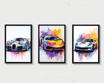 Set of 3 Sports Car Prints, Digital Download, Sports Car Art, Instant Wall Decor for Car Enthusiasts, Boys Bedroom Print, Gift For Boys