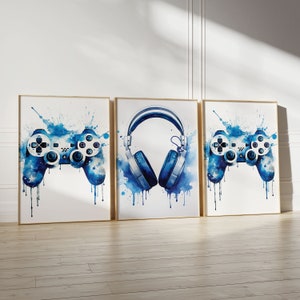 Impressões de jogos, pôster de jogos, conjunto de 3 arte de parede de jogos, decoração de sala de jogos, arte de sala de jogos, decoração de quarto de meninos, impressão de videogame azul