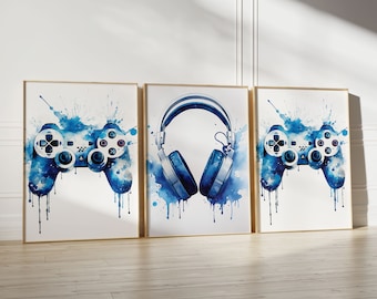 Gaming Prints, Gaming Poster, Gaming Wall Art Set of 3, Gaming Room Decor, Games Room Art,Boys Bedroom Decor, Blue Video Game Print