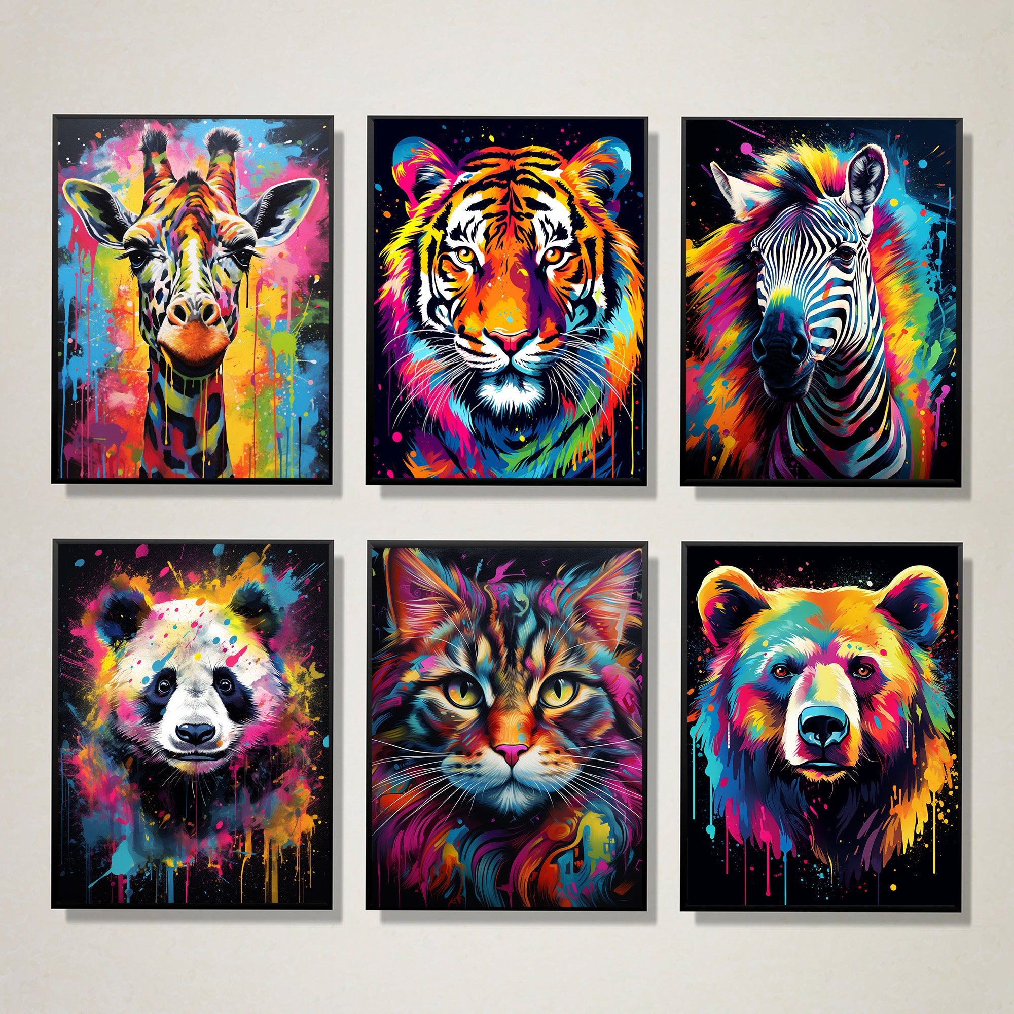 Set of 6 Animal Graffiti Wall Art - Teen Room Decor - Gamer Prints - Gamer Decor - Boys Bedroom Wall print - Games Room - Kids Jungle Art