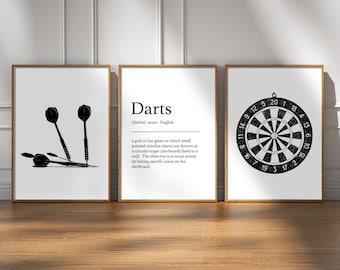 Conjunto de carteles de dardos, Conjunto de 3 impresiones de dardos, Regalo de jugador de dardos, Decoración de sala de juegos, Regalos de dardos para hombres, Arte de pared de sala de juegos, Definición de dardos