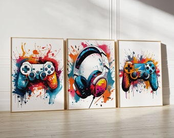Conjunto de 3 impresiones de juegos Gamer Decor Graffiti Wall Art Teen Room Prints, Decoración del dormitorio de los niños, Arte de la pared del juego, Cartel de la sala de juegos, Archivos digitales