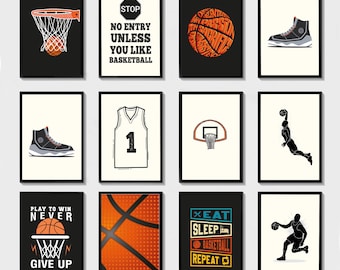 Väggkonst med basketkorg, baskettryck, set med 20, sporttryck, digitalt, basketposters, basketgåvor, pojkrumsinredning, tonåring
