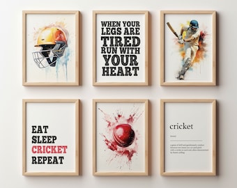 Set of 6 Cricket Prints, Cricket Wall Art, Cricket Decor, Boys Bedroom Print, Cricket Gifts, Printable Art, Gift For Boys, Cricket Poster