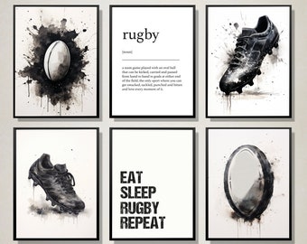 Set of 6 Rugby Prints, Rugby Wall Art, Boys Bedroom Decor, Rugby Player Gifts For Son, A4 Digital Prints, Rugby Poster, Sports Room Decor