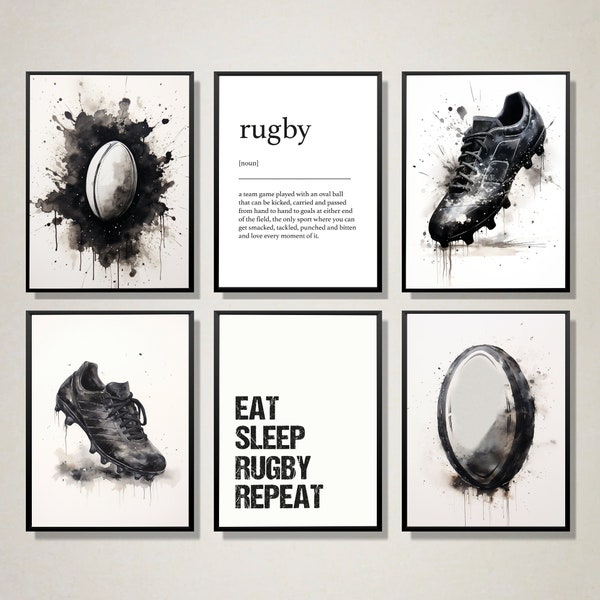 Set of 6 Rugby Prints, Rugby Wall Art, Boys Bedroom Decor, Rugby Player Gifts For Son, A4 Digital Prints, Rugby Poster, Sports Room Decor