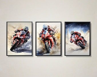 Set di 3 stampe per motociclette, regali di arte da parete per motociclisti per motociclisti, arredamento per la camera da letto dei ragazzi, arte motociclistica, regali per motociclisti, arte del pilota, stampe digitali