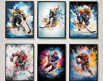 Set of 6 Hockey Wall Art Poster Prints, A4 Digital Download, Hockey Player Gifts, Boys Bedroom Decor, Hockey Prints For Boys Room, Teen Room