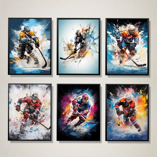 Set of 6 Hockey Wall Art Poster Prints, A4 Digital Download, Hockey Player Gifts, Boys Bedroom Decor, Hockey Prints For Boys Room, Teen Room