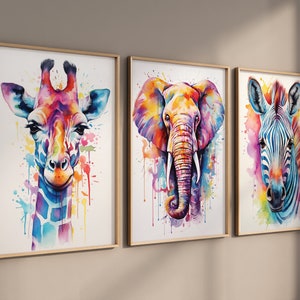 3er Set Safari Tiere Aquarell DRUCKBARE KUNST Giraffe Zebra Elefant Print Tier Poster Bunte Malerei Wand Kunst Kinderzimmer Kinder Geschenk