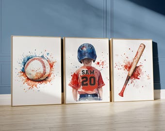 Personalized Baseball Prints, Custom Baseball Wall Art, Set of 3 Baseball Posters, Baseball Gift for Boys Room Decor, Baseball Art Set