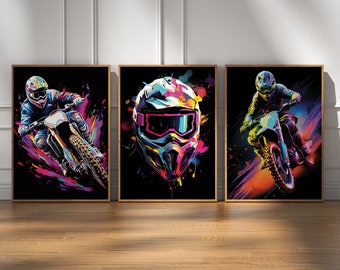Impressions motocross, lot de 3 affiches aquarelles de motos tout-terrain, impression moto, art mural motocross, oeuvre d'art moto, décoration de chambre de garçon, cadeau fils