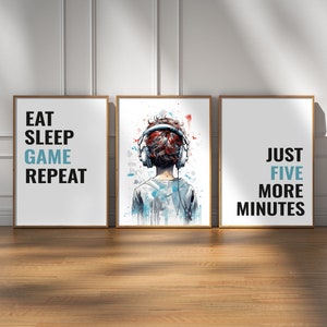 Set of 3 Blue Gaming Posters, Boys Room Wall Art, Teen Bedroom Decor, Gaming Poster, Gamer Gift, Games Room Prints, Gift For Boys, Digital