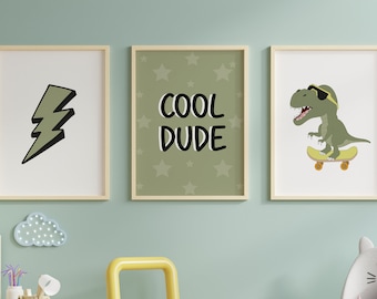 Dinosaur Prints for Boys Room, Dinosaur Skateboard Wall Art, Dinosaur Decor, Set of 3 Printables, Toddler Room Decor, Toddler Wall Art