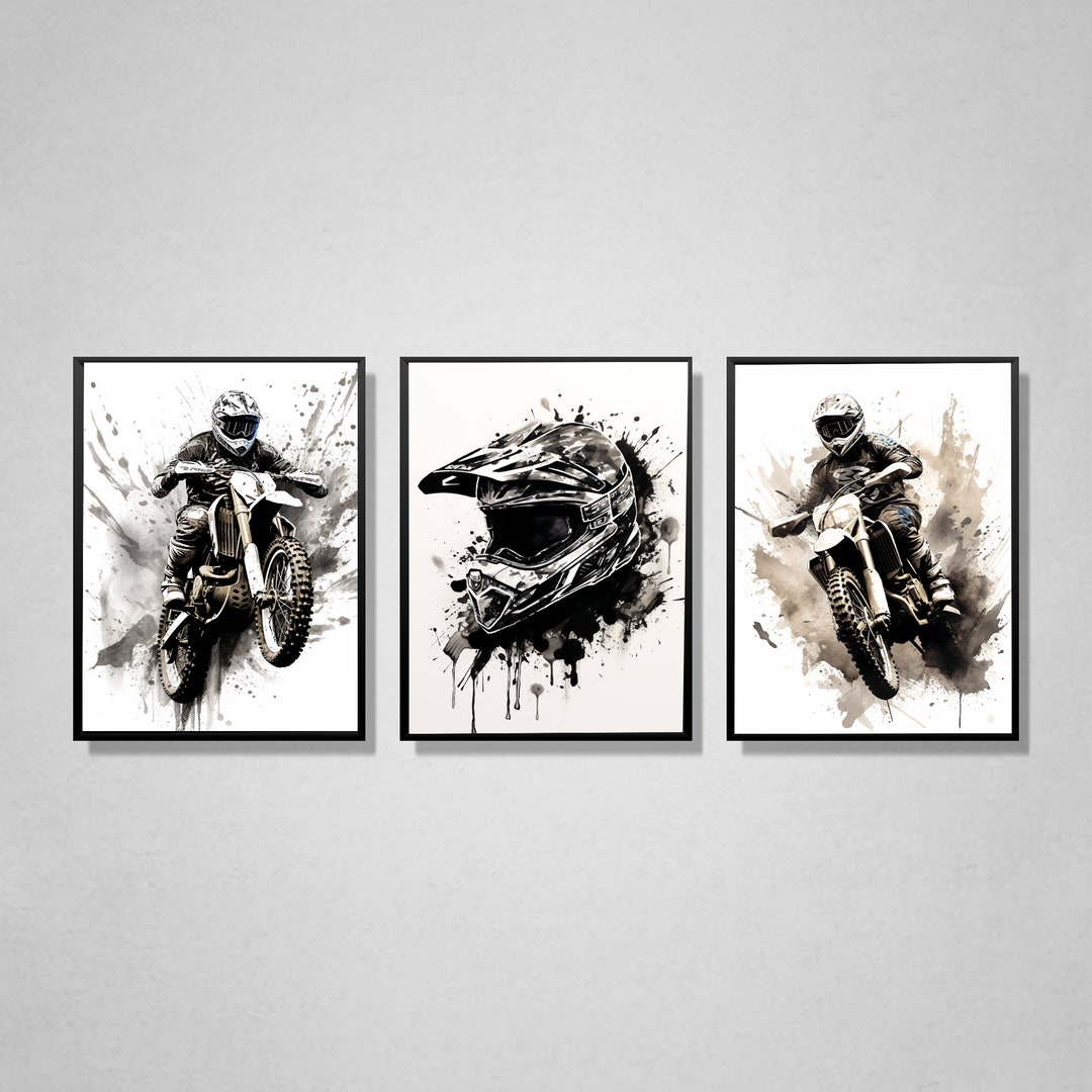 Motocross Wall Art, Motocross Prints, Dirt Bike Prints, Set of 3 A4 Motocross Art, Boys Bedroom