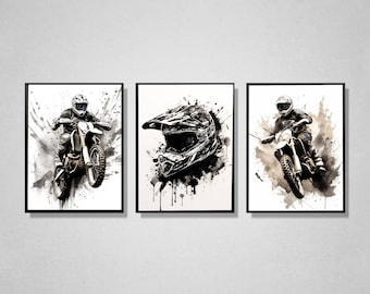 May include: Three black and white watercolor illustrations of a motocross rider, a motocross helmet, and a motocross rider jumping over a ramp. The illustrations are framed in black frames and are set against a white background.