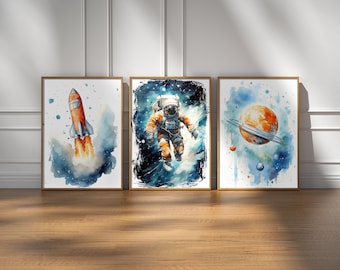 Impressões de berçário com tema espacial, decoração de quarto com tema espacial, decoração de berçário, arte de parede espacial, pôster de espaço retrô, decoração de quarto infantil, berçário de meninos