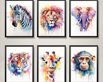 Conjunto de 6 animais safari aquarela arte para impressão girafa impressão animal cartaz elefante pintura colorida arte da parede berçário presente das crianças