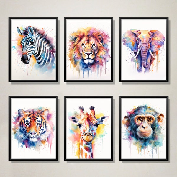 Set of 6 Safari Animals Watercolor PRINTABLE ART Giraffe Print Animal Poster Elephant Colourful Painting Wall Art Nursery Children Gift