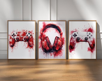 Gaming Prints Set of 3, Red Gaming Decor, Gamer Wall Art Teen Room Prints, Boys Bedroom Decor, Gaming Wall Art, Games Room Graffiti Wall Art
