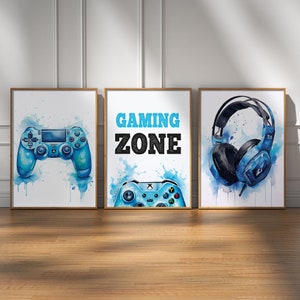 Set Of Gaming Prints, Gamer Gift, Gaming Room Posters, Blue Gaming Wall Art, Boys Bedroom Decor, Teen Room Prints, Video Game Wall Art