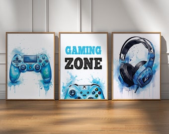 Set von Gaming Posters, Gaming Poster, Geschenk für Gamer, Gaming Raum Poster, Blaues Gaming Wandbild, Jungen Schlafzimmer Dekor, Teen Zimmer Dekor, Videospiel Wandkunst