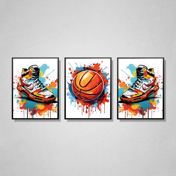Set of 3 Basketball Prints, Graffiti Basketball Poster, Gift For baller, Boys Bedroom Decor, Boys Room Wall Art, A3 A4 Digital Prints
