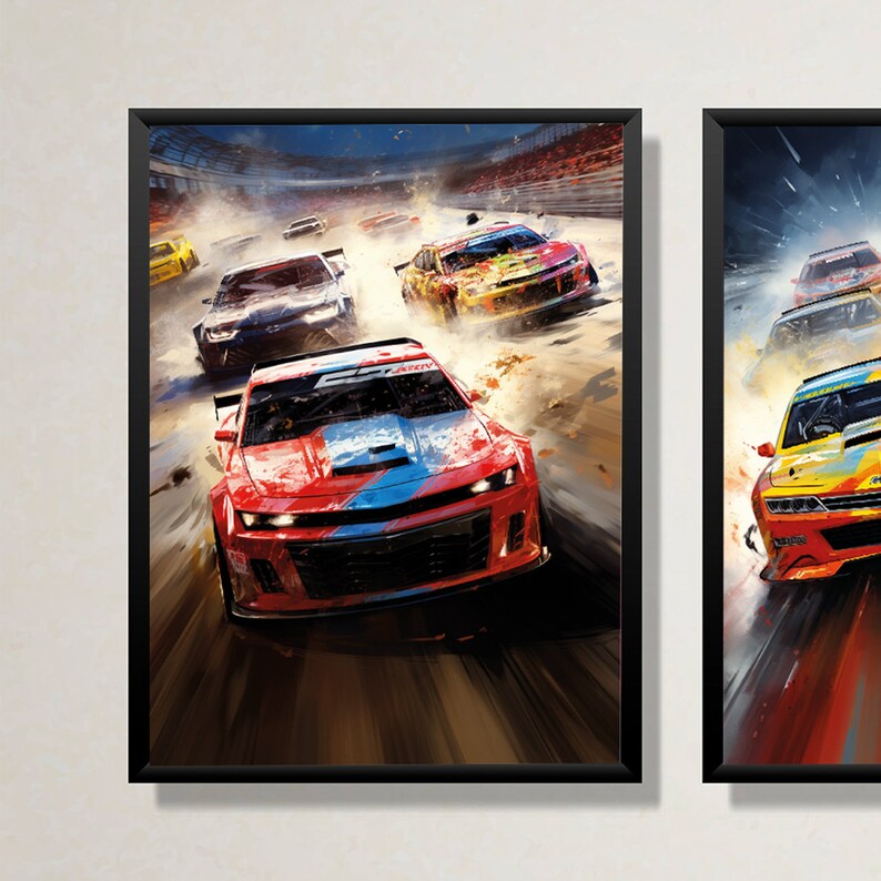 May include: A close-up of a red, blue, and white race car speeding down a track. The car is surrounded by dust and other cars.